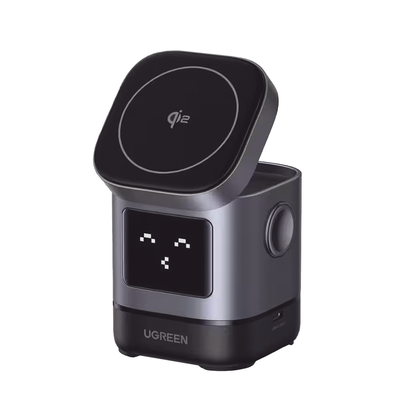 Cargador Inalámbrico Robot 2 en 1 UGREEN Qi2 / 15W Ultra Rápido para iPhone / 5W para AirPods / Pantalla Inteligente con Expresiones / Imanes N48H / Puerto USB-C 5W para Apple Watch / Compatibilidad MPP