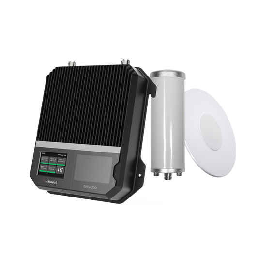 Kit Amplificador Office 200 para 2G, 3G y 4G / Mejora llamadas convencionales y VoLTE / Amplifica señal de TELCEL, AT&T y MOVISTAR / Cubre hasta 400 m² con una antena y hasta 1600 m² con 4 antenas.