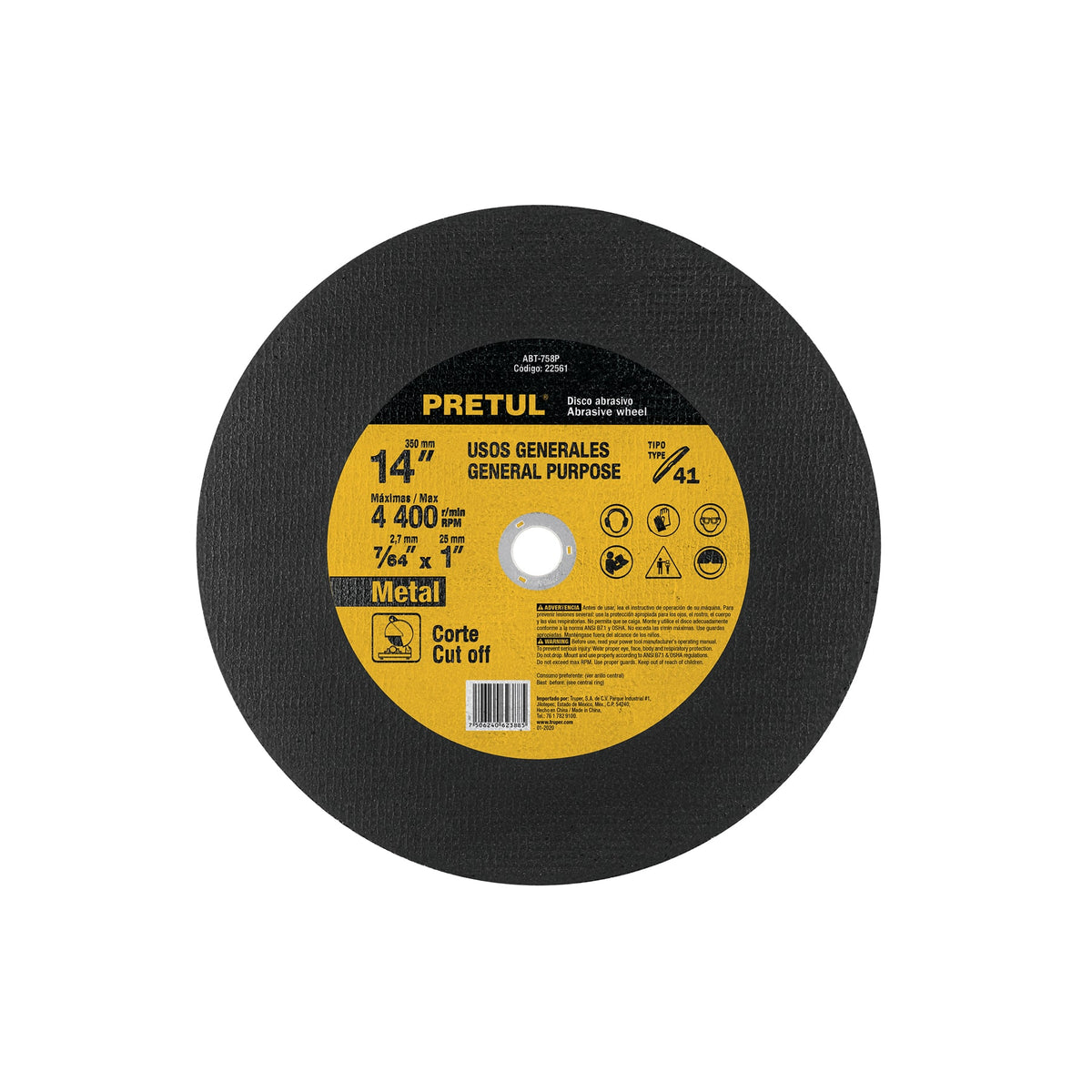 Disco Tipo 41 de 14' x 3.1 mm para corte de metal, PRETUL