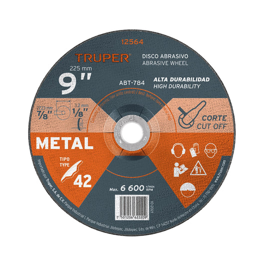 Disco Tipo 42 de 9' x 3.2 mm para corte de metal, Truper