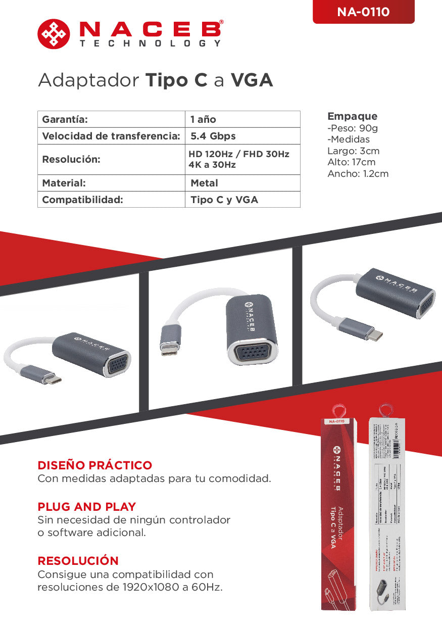 Adaptador Tipo C a VGA Naceb Technology NA-0110 - Vista 4