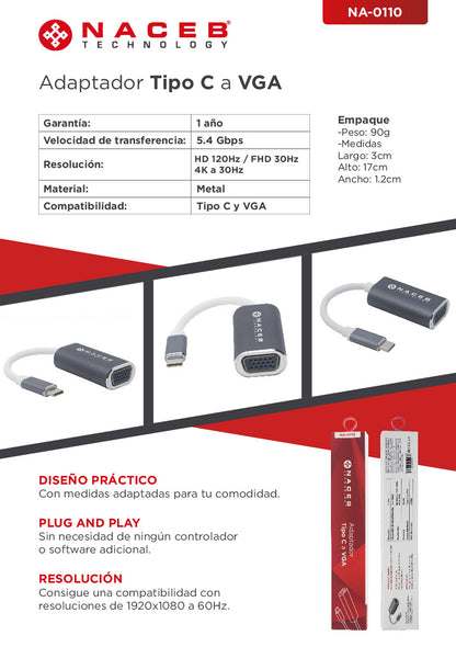 Adaptador Tipo C a VGA Naceb Technology NA-0110 - Vista 4