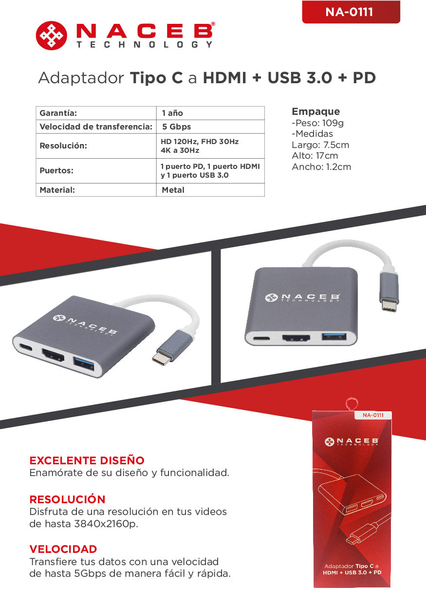 Adaptador Tipo C a HDMI + USB 3.0 + PD Naceb Technology NA-0111 - Vista 3
