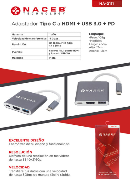 Adaptador Tipo C a HDMI + USB 3.0 + PD Naceb Technology NA-0111 - Vista 3