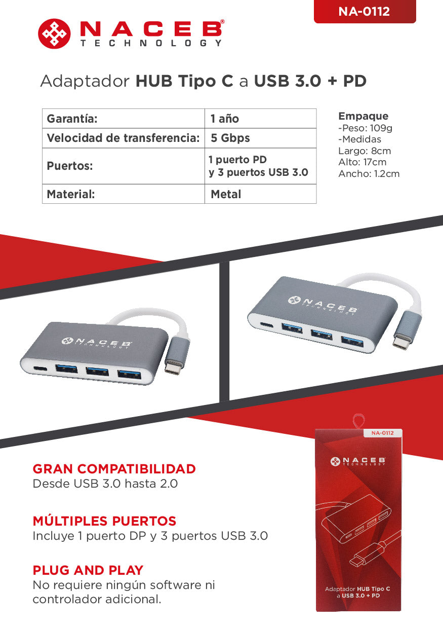 Adaptador Tipo C a USB 3.0 + PD Naceb Technology NA-0112 - Vista 4