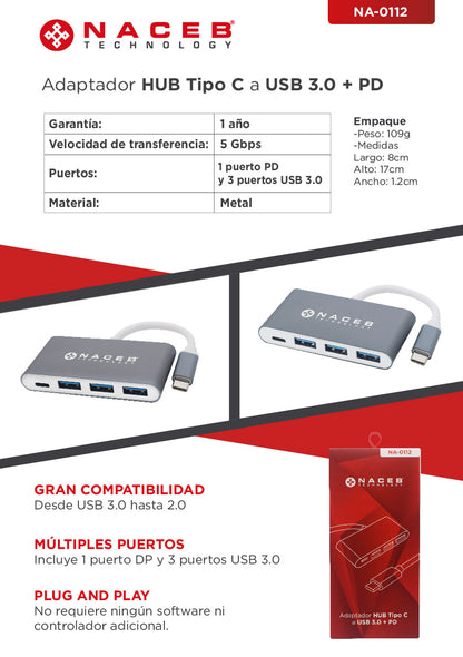 Adaptador Tipo C a USB 3.0 + PD Naceb Technology NA-0112 - Vista 4