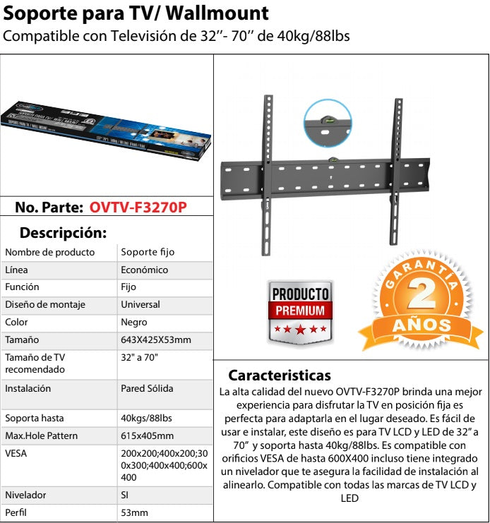 Soporte de Pared FIJO para TV OVALTECH OVTV-F3270P - Vista 5