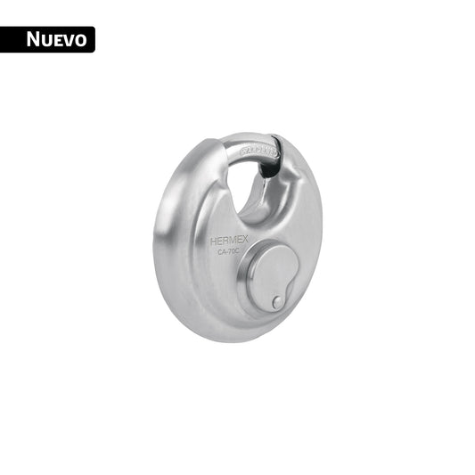 Candado circular acero inox, cilindro latón, 70 mm