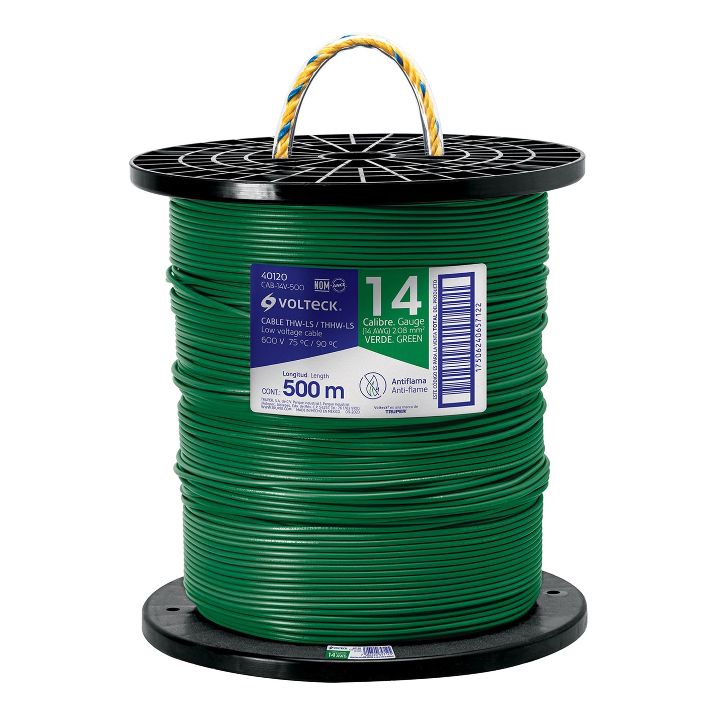 Metro de cable THHW-LS 14 AWG verde en carrete de 500 m