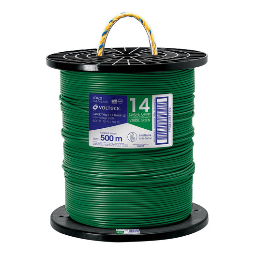 Metro de cable THHW-LS 14 AWG verde en carrete de 500 m