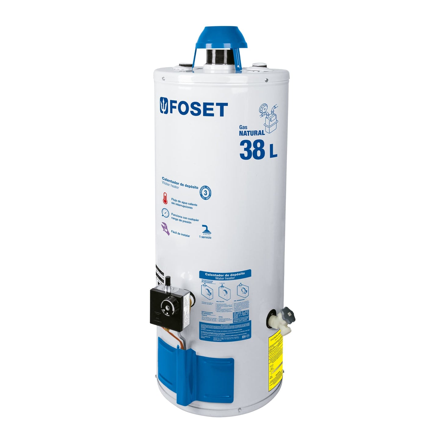 Calentador de depósito, 38L, 1 servicio, gas natural, Foset