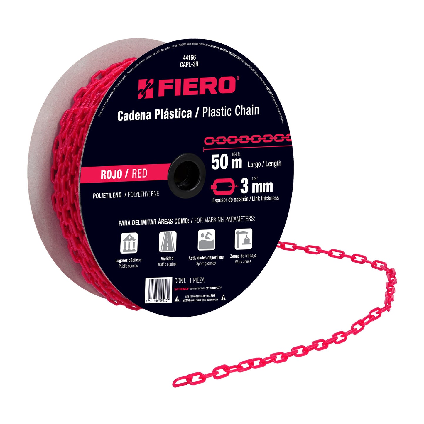 Metro de cadena de 3 mm de plástico roja, carrete de 50 m