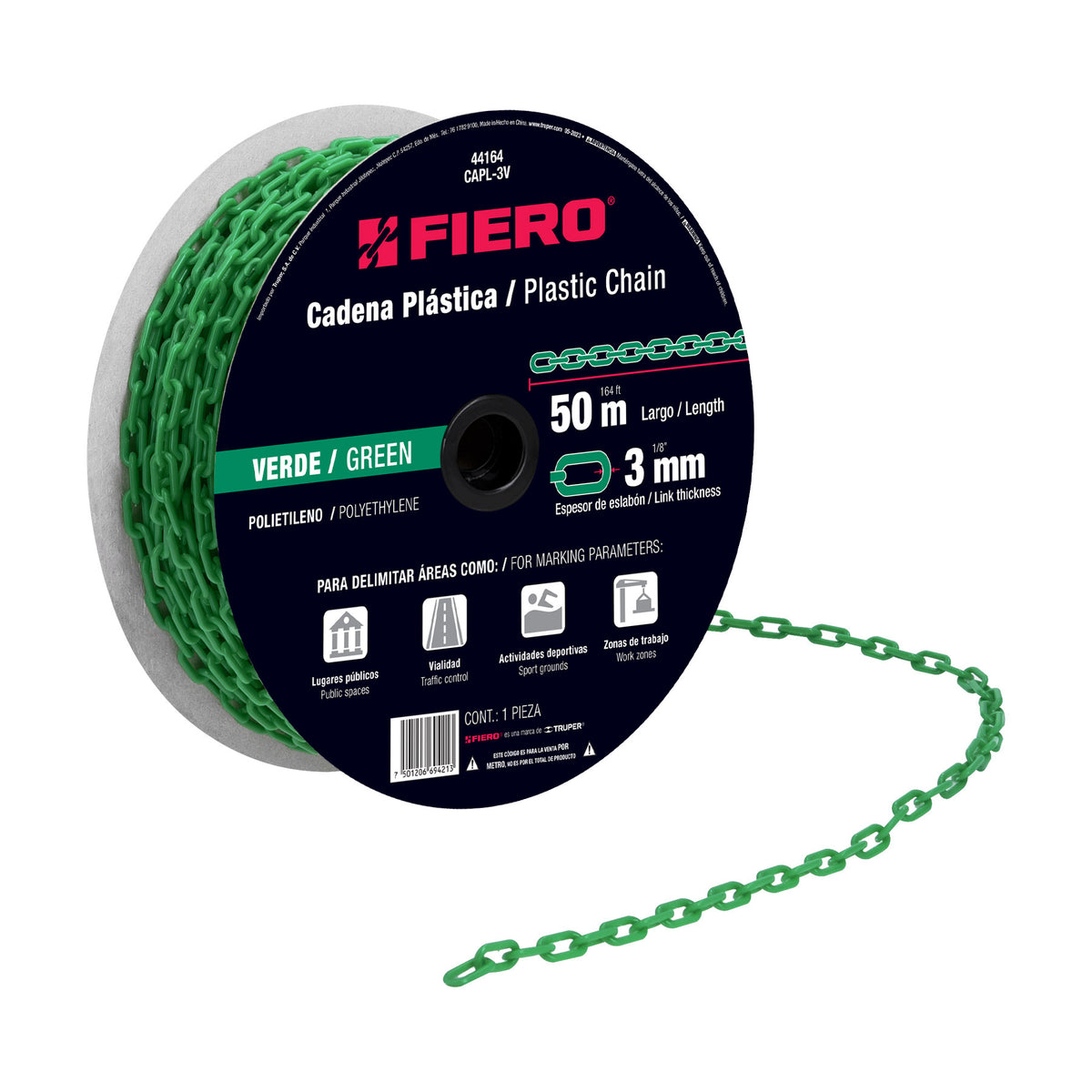 Metro de cadena de 3 mm de plástico verde, carrete de 50 m