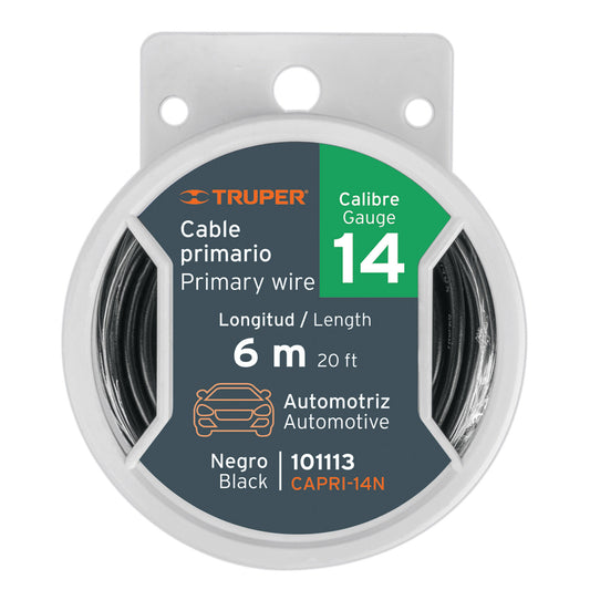 Carrete con 6 m de cable primario negro calibre 14, Truper