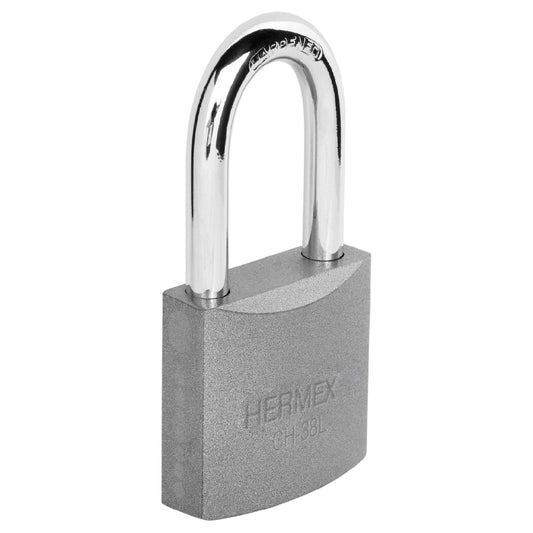 Candado de hierro 38 mm gancho largo en caja, HERMEX