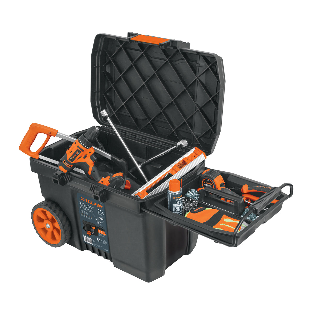 Caja para herramienta, 23'x17' c/ruedas, mango telescópico