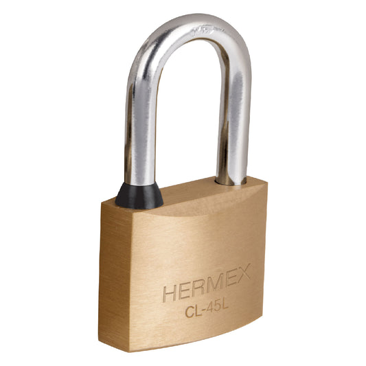 Candado de latón 45 mm gancho largo en blíster, HERMEX
