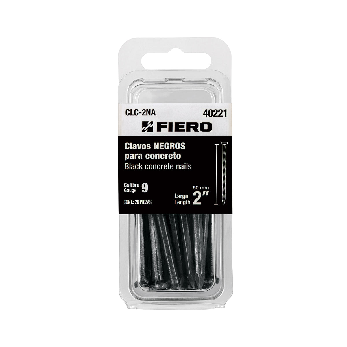 Blíster con 20 clavos negros para concreto 2', Fiero