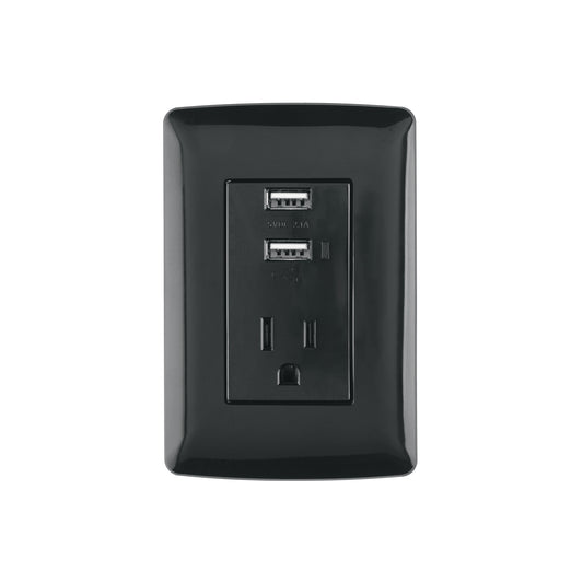 Contacto aterrizado + 2 puertos USB, negro, línea Italiana