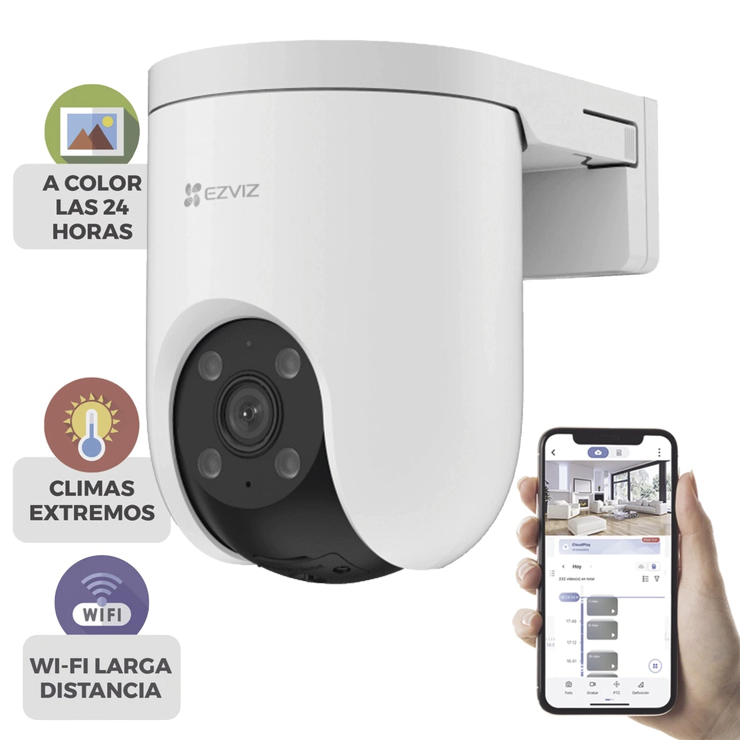 Cámara PT / Wi-Fi / Resolución 3 Megapixel (2K) / Audio de Dos Vías / Visión Nocturna en Color / AI Detección de Humanos y Vehículos / Defensa Activa con Sirena y Luz Estroboscópica / IP65