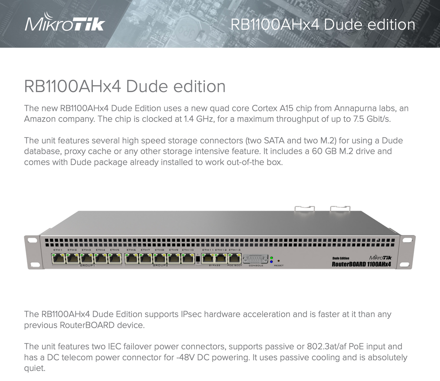 RB1100AHx4 Dude Edition, 13 Puertos Gigabit, Almacenamiento M.2 60GB para Base de Datos Dude