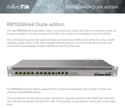 RB1100AHx4 Dude Edition, 13 Puertos Gigabit, Almacenamiento M.2 60GB para Base de Datos Dude