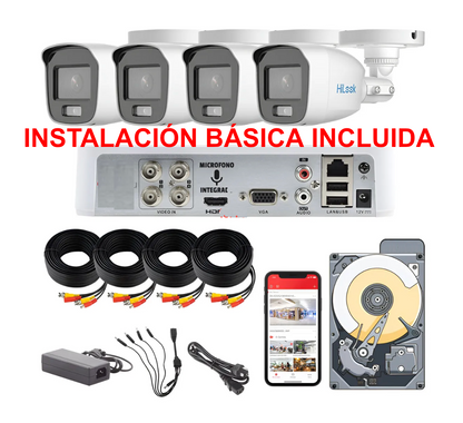 Kit de CCTV HILOOK con 4 Camaras de 2 Megapixeles DVR de 4 canales, cableado de 18 metros, Disco Duro de 1 Tb e Instalacion Basica