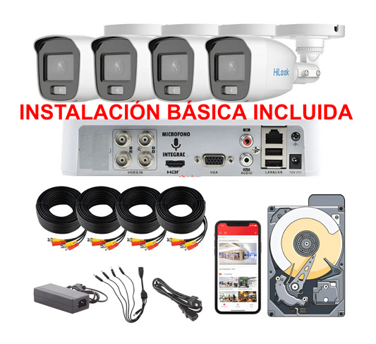 Kit de CCTV HILOOK con 4 Camaras de 2 Megapixeles DVR de 4 canales, cableado de 18 metros, Disco Duro de 1 Tb e Instalacion Basica