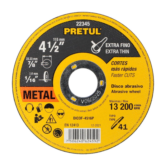 Disco Tipo 41 de 4-1/2' x 1.6 mm corte fino de metal, Pretul