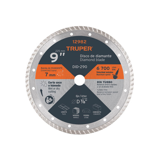 Disco de diamante de 9' x 3 mm, rin turbo, TRUPER
