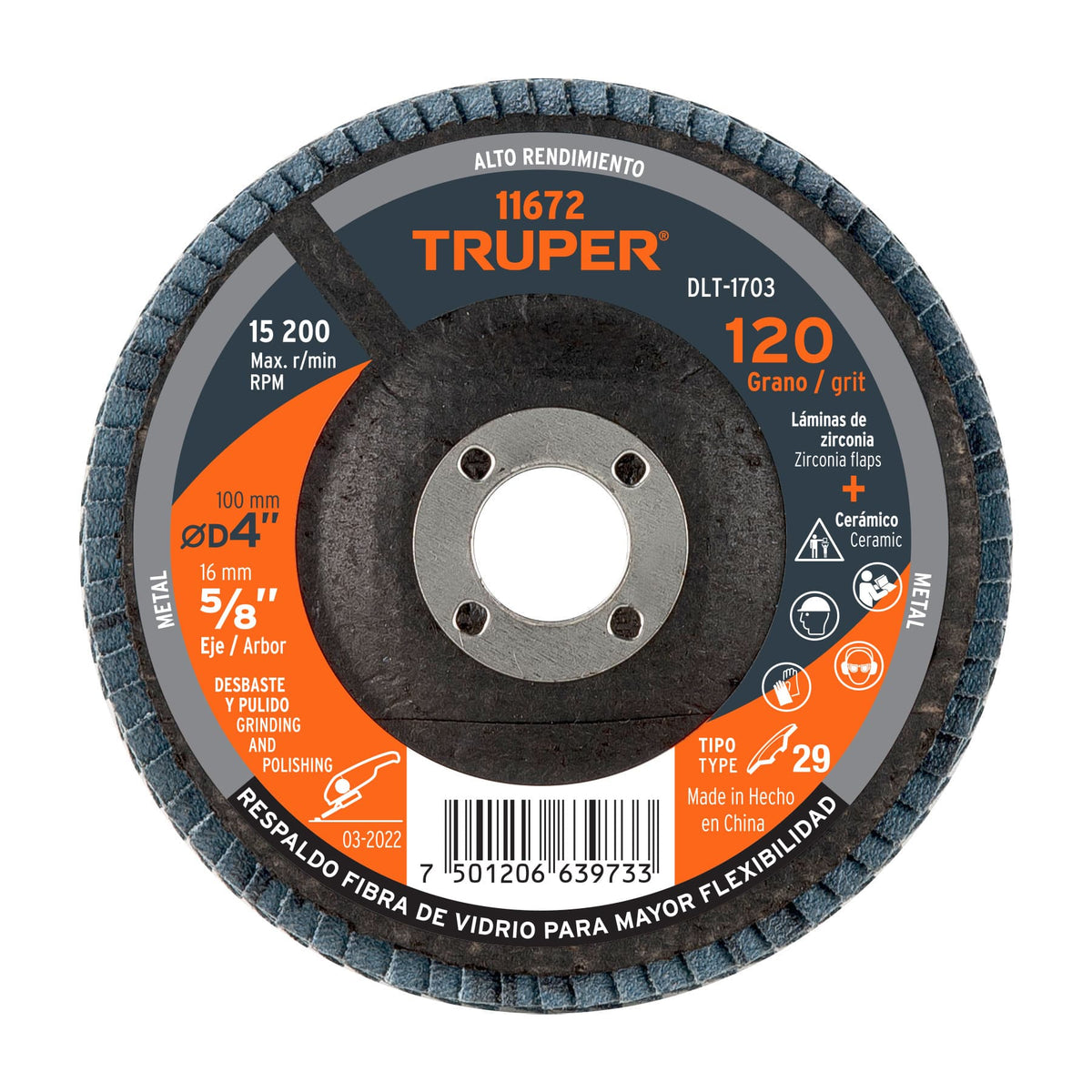 Disco laminado 4', grano 120 centro 5/8', fibra, TRUPER