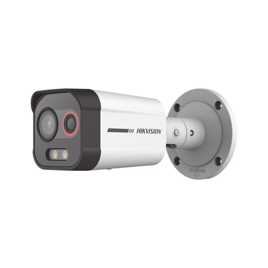 Cámara Bala IP Térmica y Óptica Biespectral / Análisis de Video (VCA) para Protección Perimetral / Clasifica Vehículo y Humano / Térmica 96 x 72 / Óptica 4 MP ColorVu / IP67 / micro SD de 256 GB/ PoE