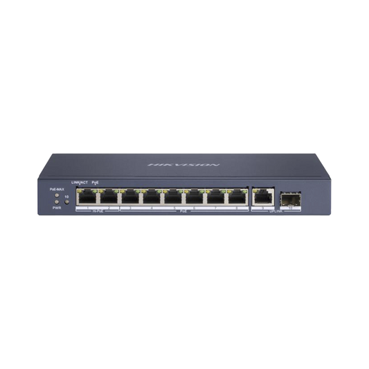Switch PoE+ / No Administrable / 7 Puertos 1000 Mbps 802.3 af/at (30 W) / 2 Puertos 1000 Mbps Hi-PoE (90 W) / 1 Puertos 1000 Mbps Uplink / 1 Puerto SFP / Modo Extendido hasta 300 Metros / 110 Watts