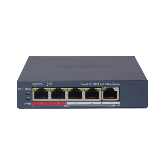 Switch PoE+ / Monitoreable / 4 Puertos 10/100 Mbps PoE+ / 1 Puerto 10/100 Mbps Uplink / Configuración Nube Hik-PartnerPro / Modo Extendido hasta 300 Metros /  45 W