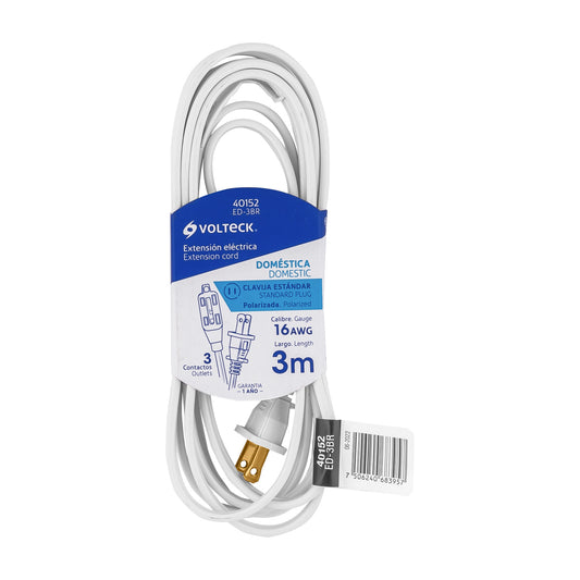 Extensión eléctrica doméstica 3 m clavija recta, blanca