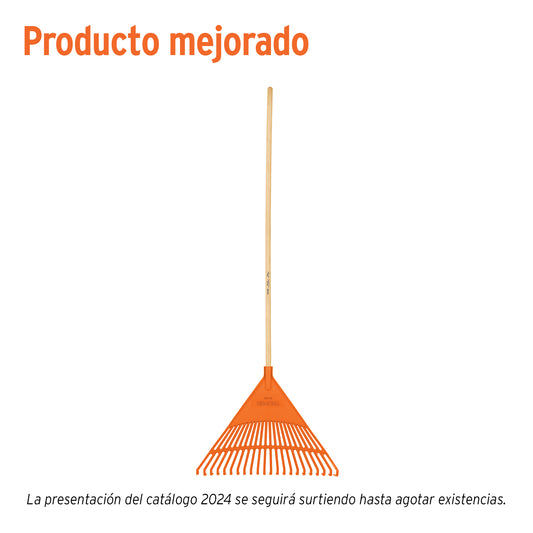 Escoba plástica para jardín, rígida, 22 dientes, mango 48'