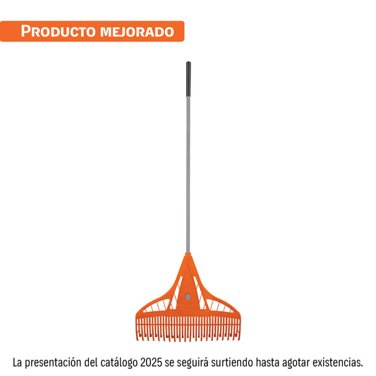 Escoba plástica p/jardín, flex. 26 dientes, mango acero 54'