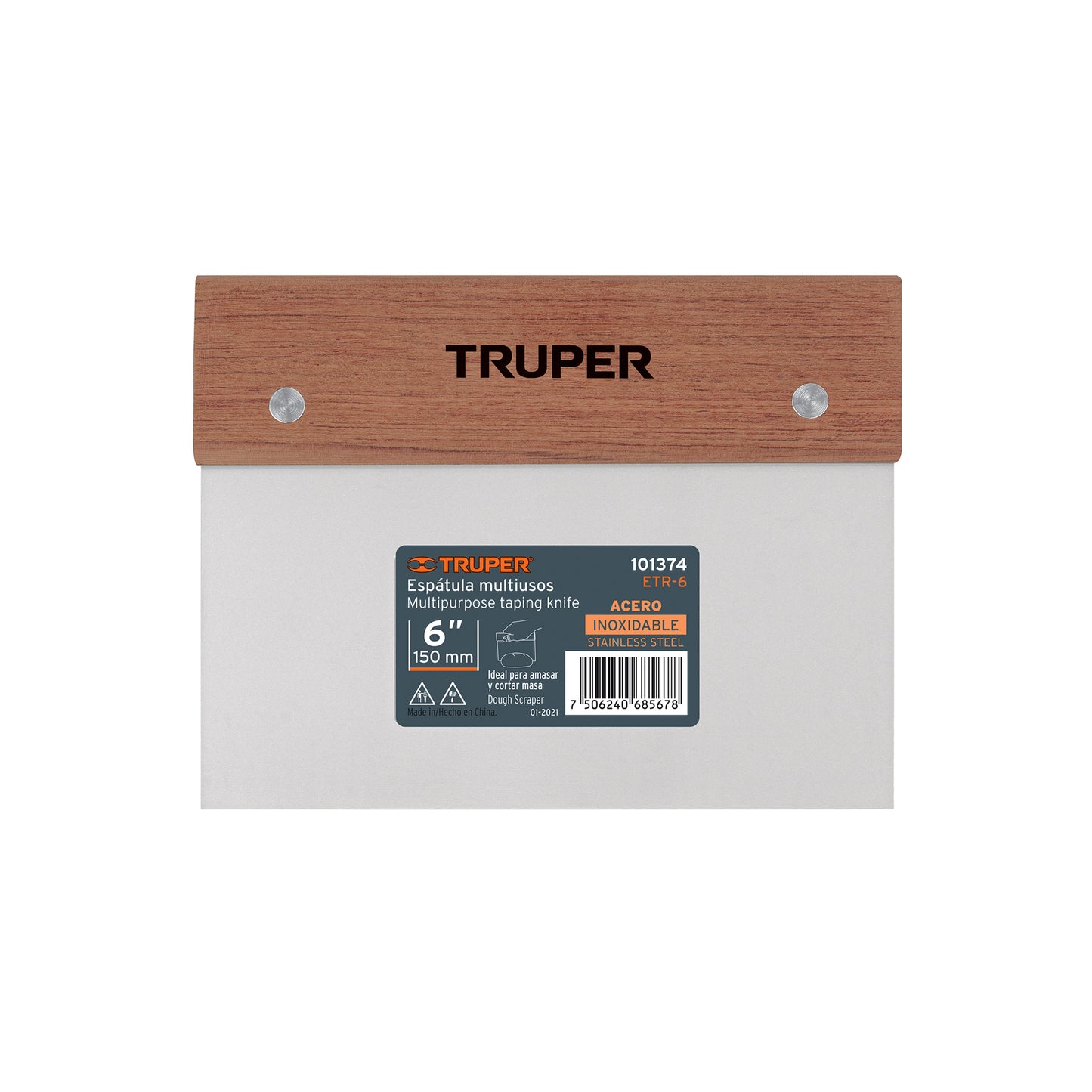 Espátula rectangular 6' x 3' acero inoxidable, mango madera