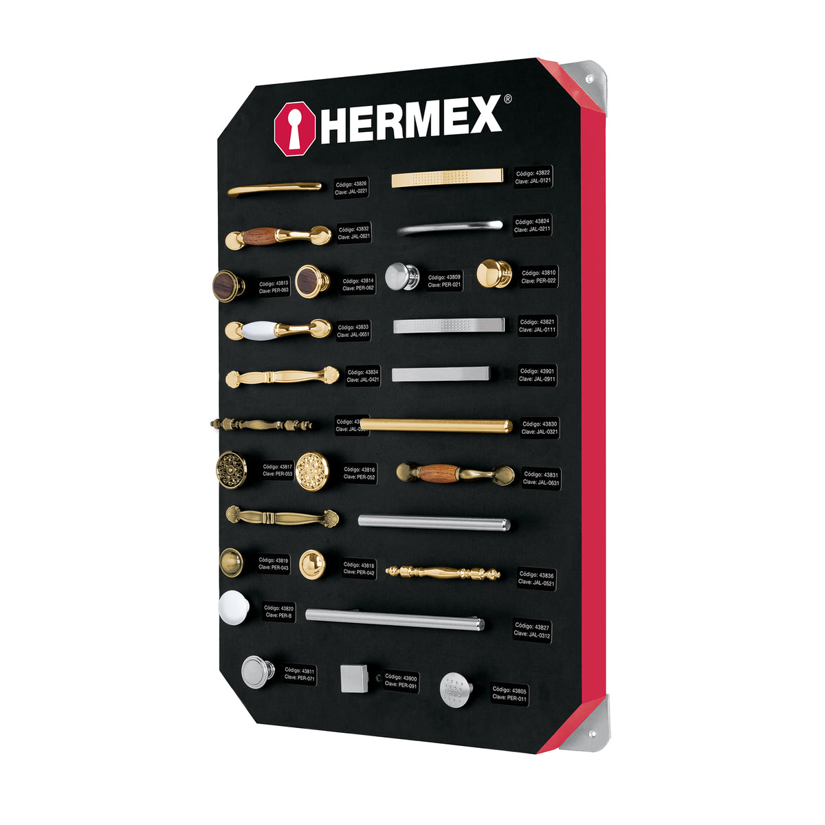 Exhibidor con jaladeras y perillas, 1 tablero, HERMEX