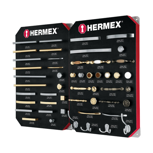 Exhibidor con jaladeras y perillas, 2 tableros, HERMEX