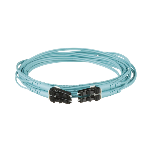 Jumper de Fibra Optica Multimodo 50/125 OM3, LC-LC Duplex, OFNR (Riser), Color Aqua, 9 Metros (29.53 Pies)