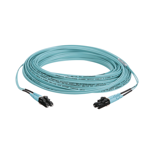 Jumper de Fibra Optica Multimodo 50/125 OM3, LC-LC Duplex, OFNR (Riser), Color Aqua, 10 Metros (32.81 Pies)