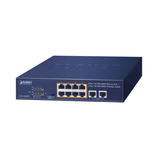 Switch de Escritorio No Administrable / 8 Puertos 10/100/1000T PoE+ 802.3at / 2 Puertos Uplink 10/100/1000T / Presupuesto PoE 120 Watts / Modos Estándar, VLAN y Extend / Distancia Extendida 250 mts / Rackeable