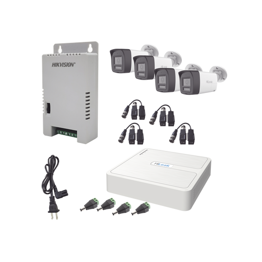 Kit HiLook Audio Bidireccional TurboHD 1080p / DVR Metalico 4 Canales / 4 Cámaras Bala (Exterior) con Bocina y Micrófono Integrado / 1 Fuente de Poder / Accesorios