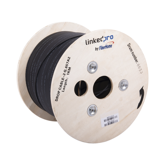 Carrete de 1 km de Fibra �ptica Drop, Interior/Exterior G.657A2 Monomodo de 2 Hilos (Bifibra), Dise�ada para Fusionarse, Diel�ctrica, Forro Negro, (No Soporta Conectores Mec�nicos)