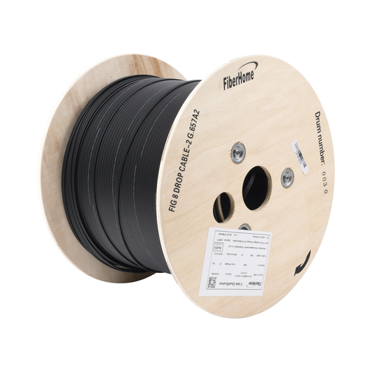 Carrete de 1 km de Fibra �ptica A�rea Mini Figura 8 G.657A2 Tipo Drop, Monomodo de 2 Hilos (Bifibra), Dise�ada para Fusionarse, Color Negro, Span 80, (No Soporta Conectores Mec�nicos)