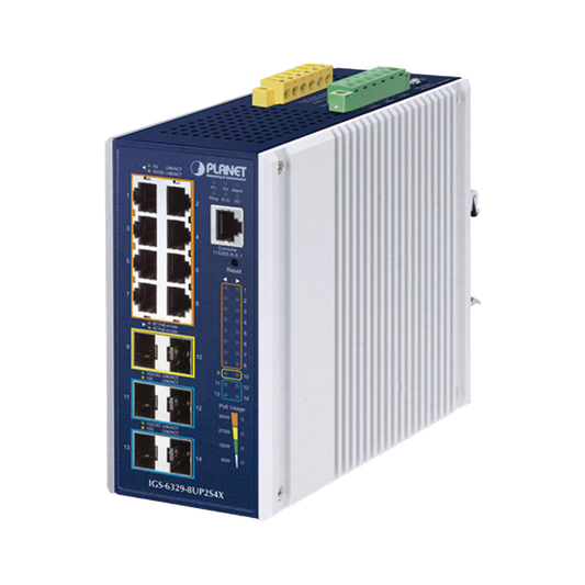 Switch Industrial Capa 3 de 8 Puertos 10/100/1000T PoE 802.3bt, 2 Puertos SFP 1 G/2.5 G, 4 Puertos SFP 10G, Instalación en Pared o Puerto DIN.