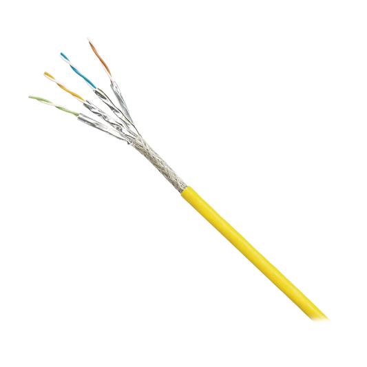 Bobina de Cable Blindado S/FTP Categoría 6A, Uso Industrial con Resistencia al Aceite, Rayos UV y Abrasión, Multifilar (Flexible), Color Amarillo, Bobina de 500 Metros (1640 Pies)