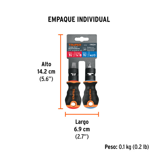 Dúo de desarmadores 1/4' x 1-1/2' mango Comfort Grip, Truper