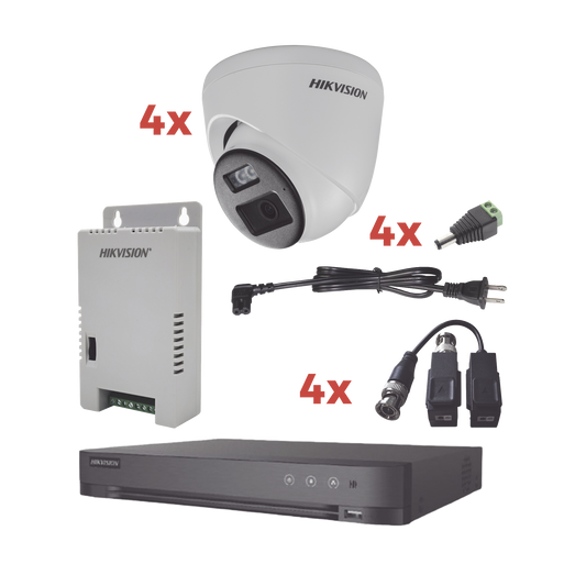Kit Audio Bidireccional TurboHD 1080p / DVR 4 Canales / 4 Cámaras Eyeball (Exterior) con Bocina y Microfóno Integrado / 1 Fuente de Poder / Accesorios